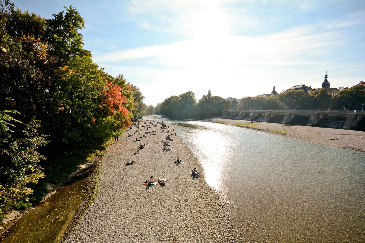 munich isar river banks on sunny day