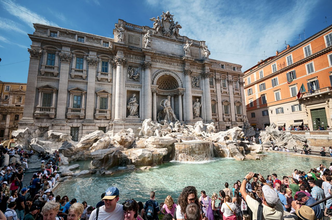 Trevi fountain in Rome, Italy, crowded with tourists