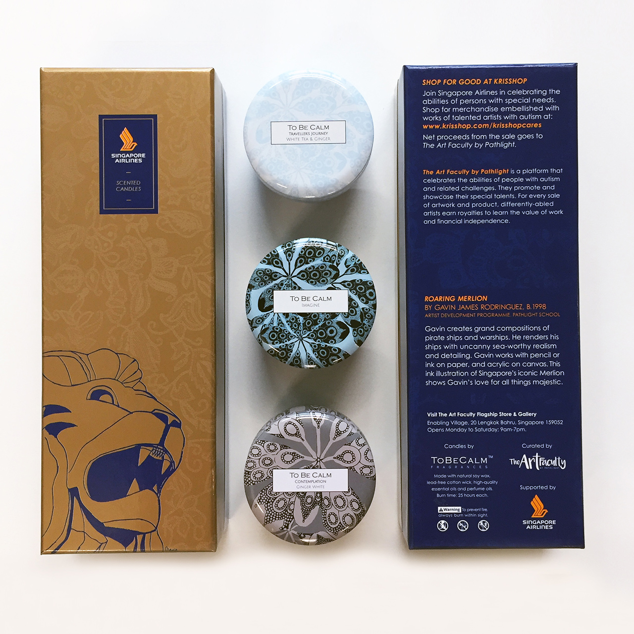 A scented candle box set with illustrations of the Merlion