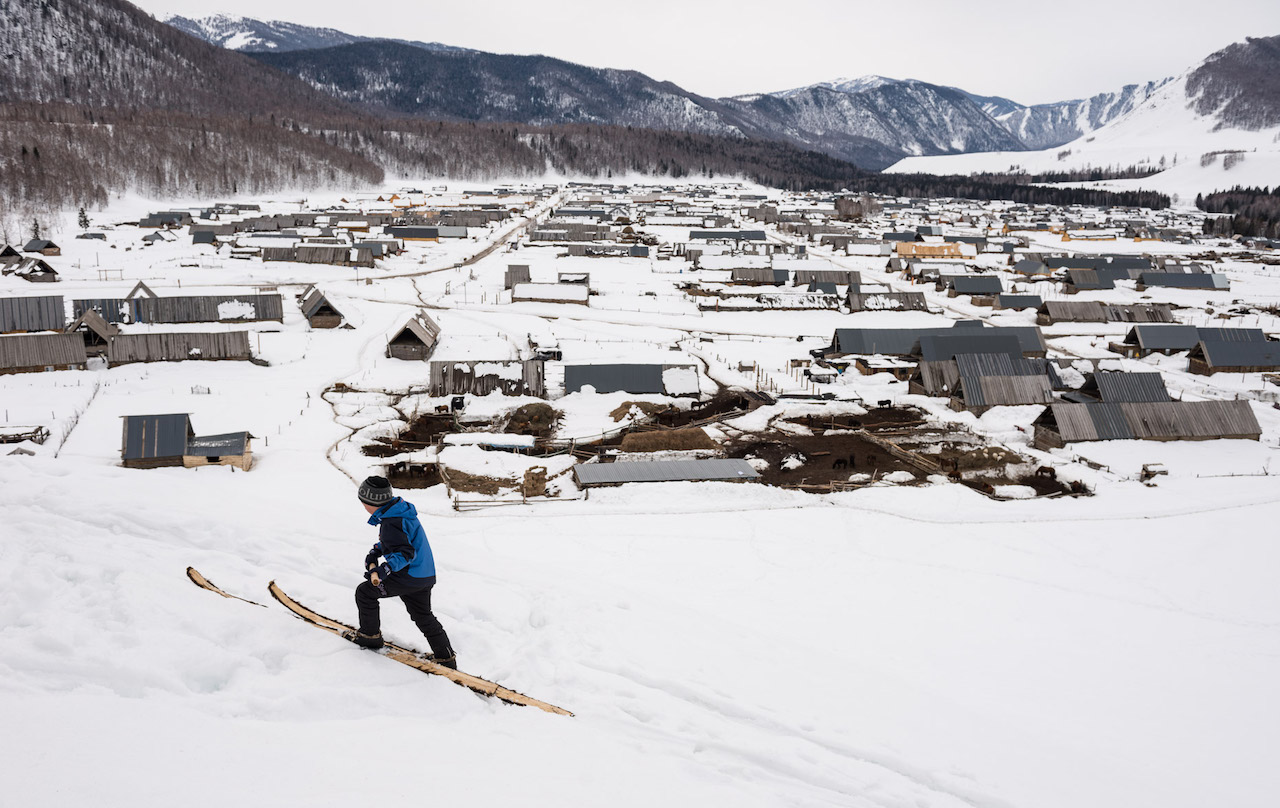 Skiing outside the villages of the Altay Mountains