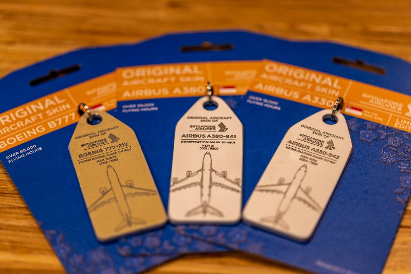 Aviation tags using aircraft skins from Singapore Airlines' Airbus A330-300, Airbus A380 and Boeing 777-200